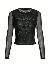 1pc Women Rhinestone Letter Graphic Fitted Long Sleeve T-Shirt, Casual Daily Wear For Autumn